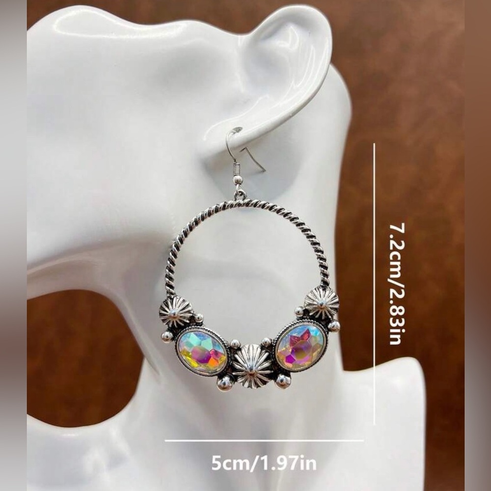 Western Earrings Crystal Hoop Earrings - Silver Tone Cowgirl Earrings - Picture 2 of 2
